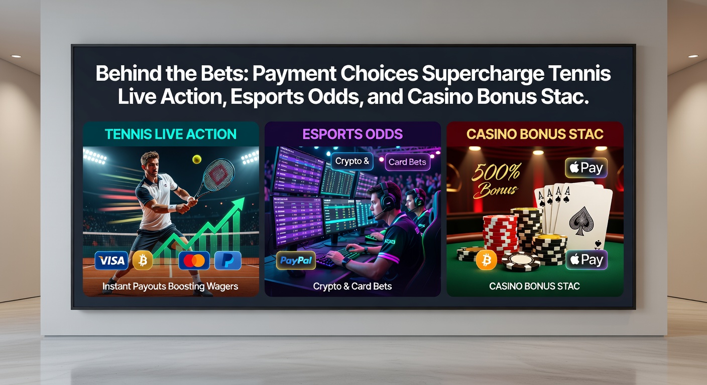 Schermafbeelding van esports odds met overlay van betaalopties en stijgende casino bonus stacks tijdens een live tennis match
