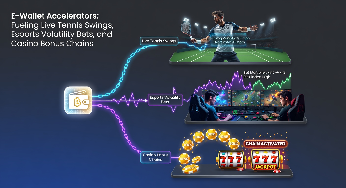 Esports toernooi scherm met e-wallet pop-up voor een volatility bet, naast casino bonus chain en voetbal insight dashboard