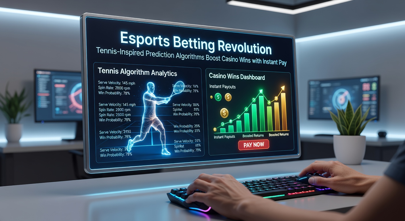 Schermafbeelding van een esports wedplatform met tennisalgoritme overlay en instant uitbetaling icoon