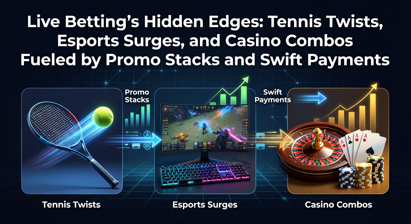 Spannende live wedscene met tennisbal in actie, esports schermen en casino chips, symboliserend snelle bets en bonussen