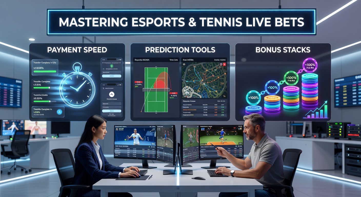 Grafiek met AI-voorspellingen voor een tenniswedstrijd en esports match, naast bonusstack-overzichten en uitbetalingsklokken