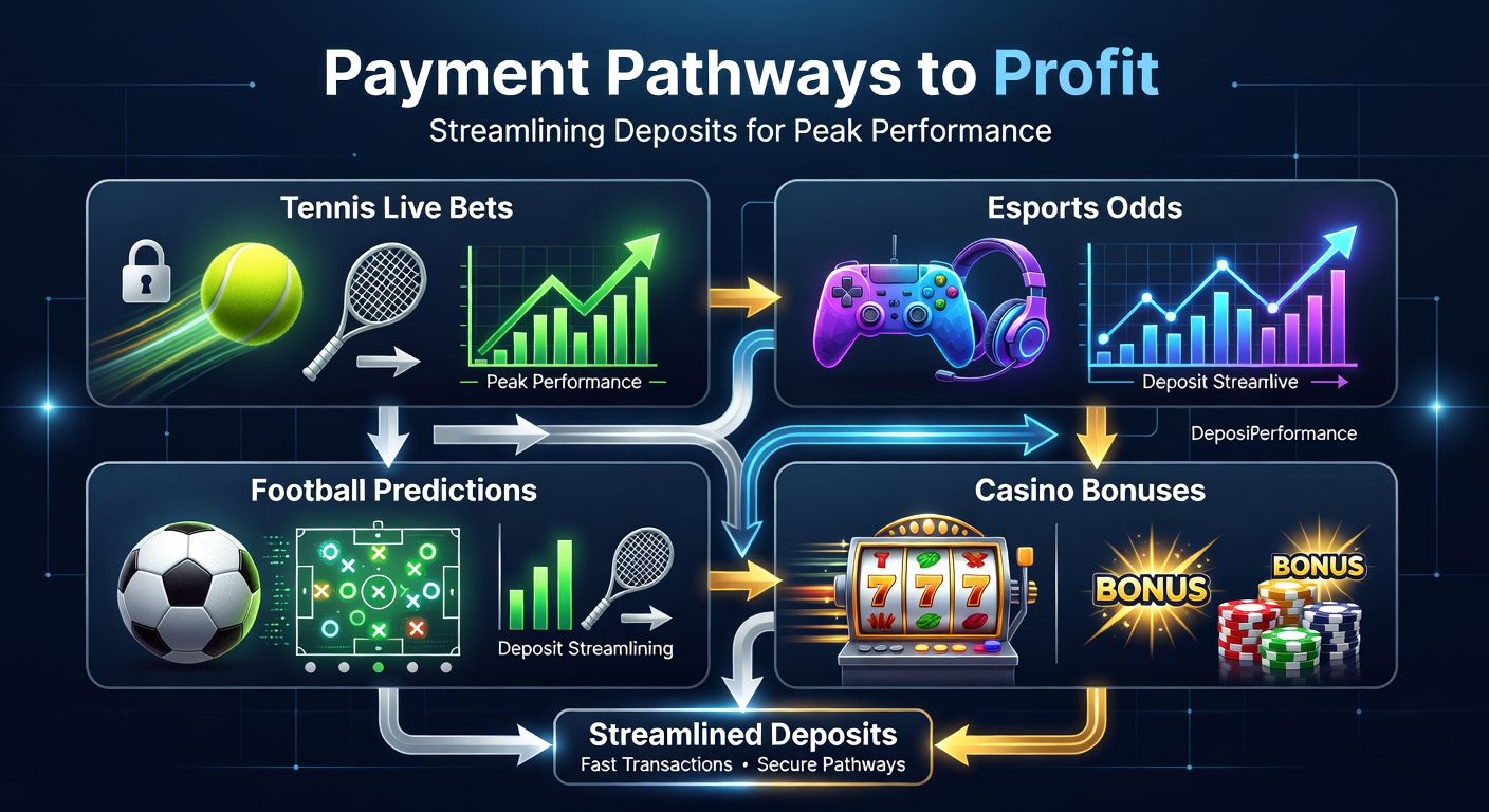 Grafiek met pijlen die snelle betaalstromen tonen naar tennis courts, esports arenas, voetbalvelden en casino tafels, symboliserend directe deposits voor optimale wedprestaties