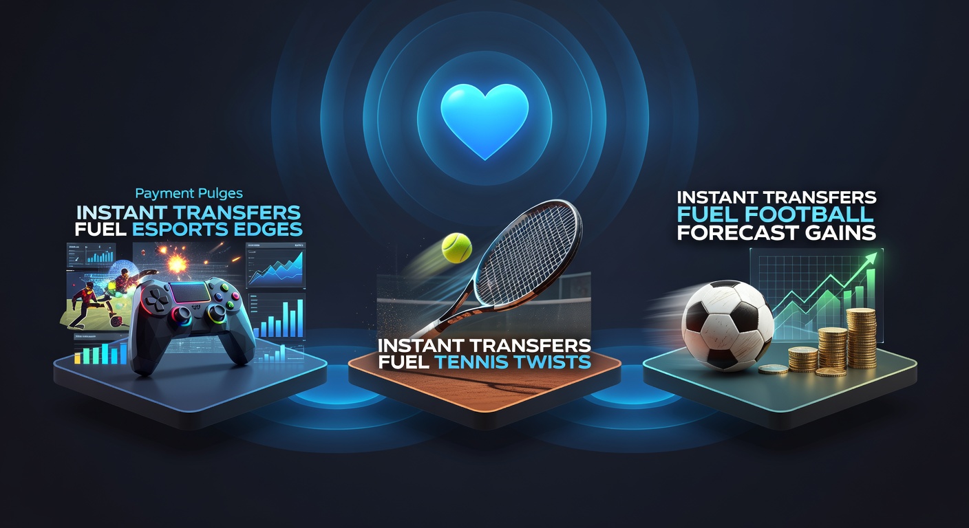 Grafiek met pulserende betaaliconen die esports, tennis en voetbalweddenschappen verbinden, symboliserend snelle transfers en winstkansen