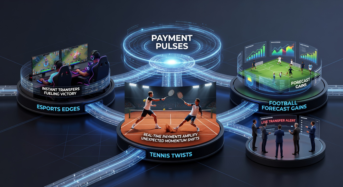 Dynamische afbeelding van een tennisspeler in actie naast esports gamers en een voetbalveld, met overlay van snelle betaaliconen en stijgende grafieken