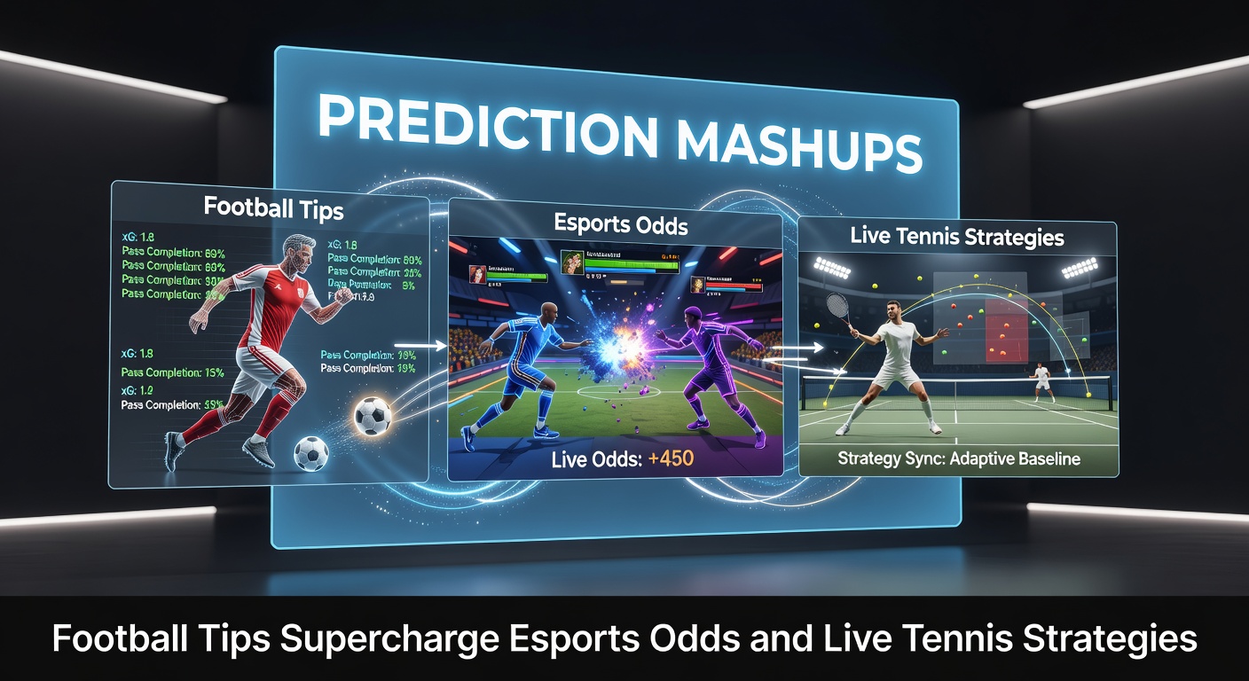 Grafiek met overlappende voorspellingscurves voor voetbal, esports en tennis, illustrerend hoe tips elkaar versterken in weddenschappen