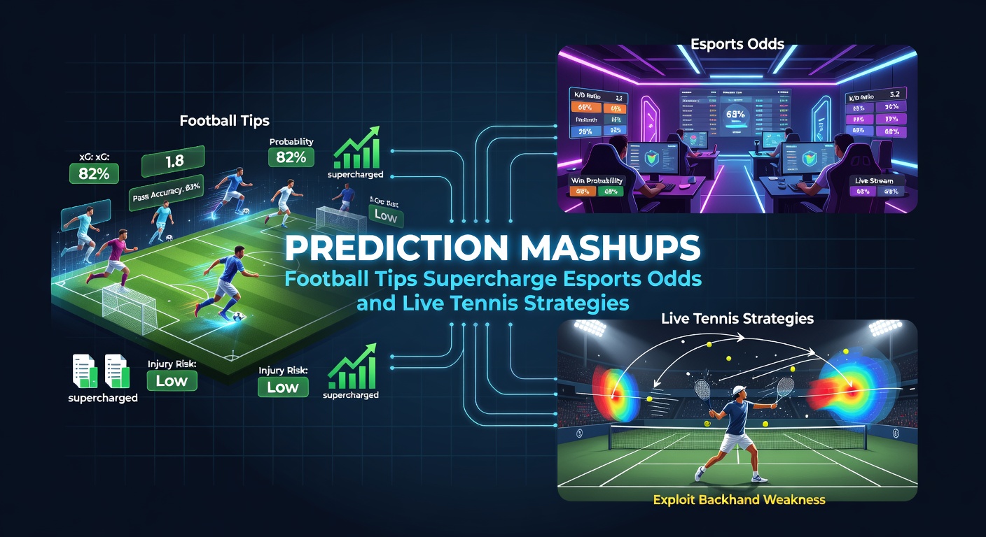 Live tennisbaan met overlay van statistische voorspellingen, gekoppeld aan voetbal- en esports-data voor strategische inzichten