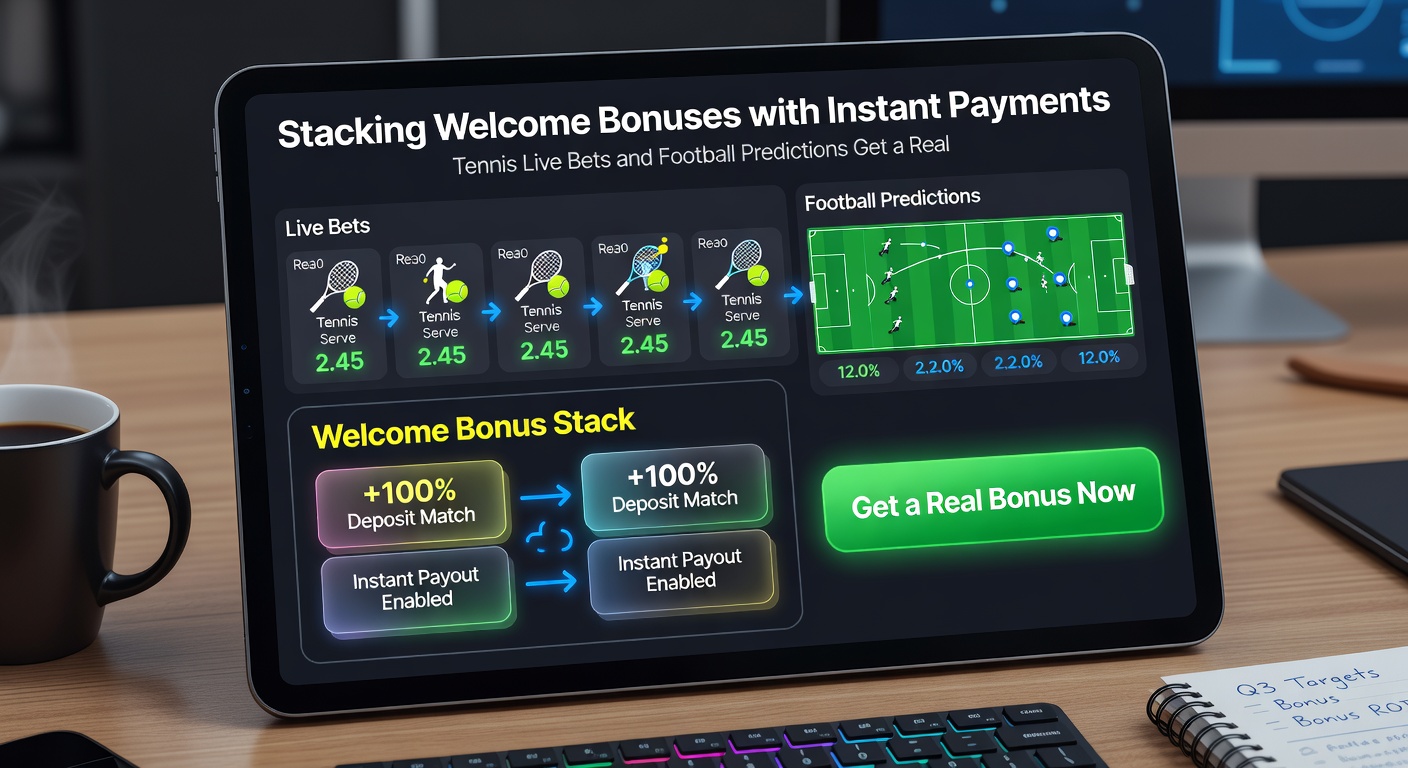 Schermafbeelding van een live tenniswedstrijd met odds en een instant uitbetalingsknop naast voetbalvoorspellingen